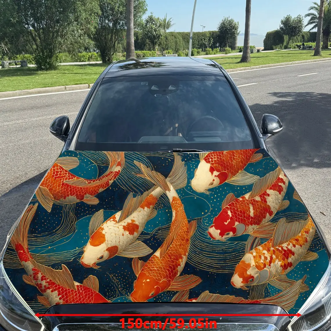 Lucky Koi Fish PVC Car Engine Hood Vinyl Wraps, Self-Adhesive Waterproof Car Hood Decal Sticker, Car Decoration Protection Stick