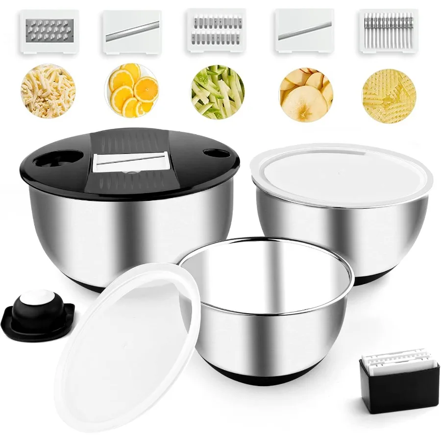 

Set of 3 Stainless Steel Mixing Bowls with Lids featuring Grater Airtight Seals NonSlip Bases for Efficient Slicing Shredding G