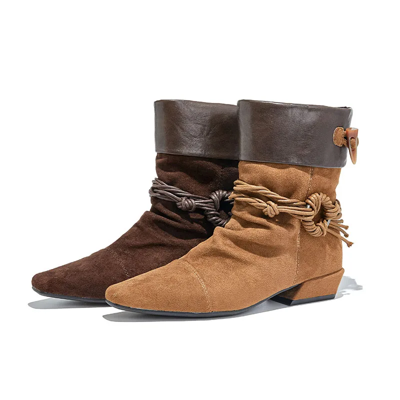 

AIYUQI 2025 New Women's Cowboy Boots Pointed Toe Pleated Women Ankle Boots Large-Sized Vintage Motorcycle Boots female