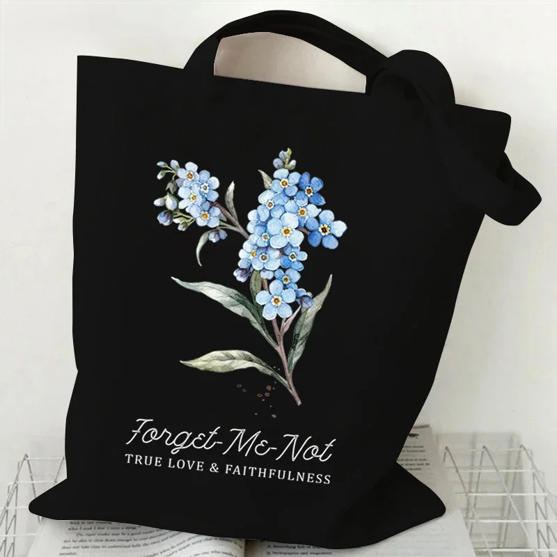 Myosotis Alpestris Canvas Tote Bag for Women “Forget Me Not” Handbag Aesthetics Flower Shopper Bags Female Bohemia Shoulder Bag