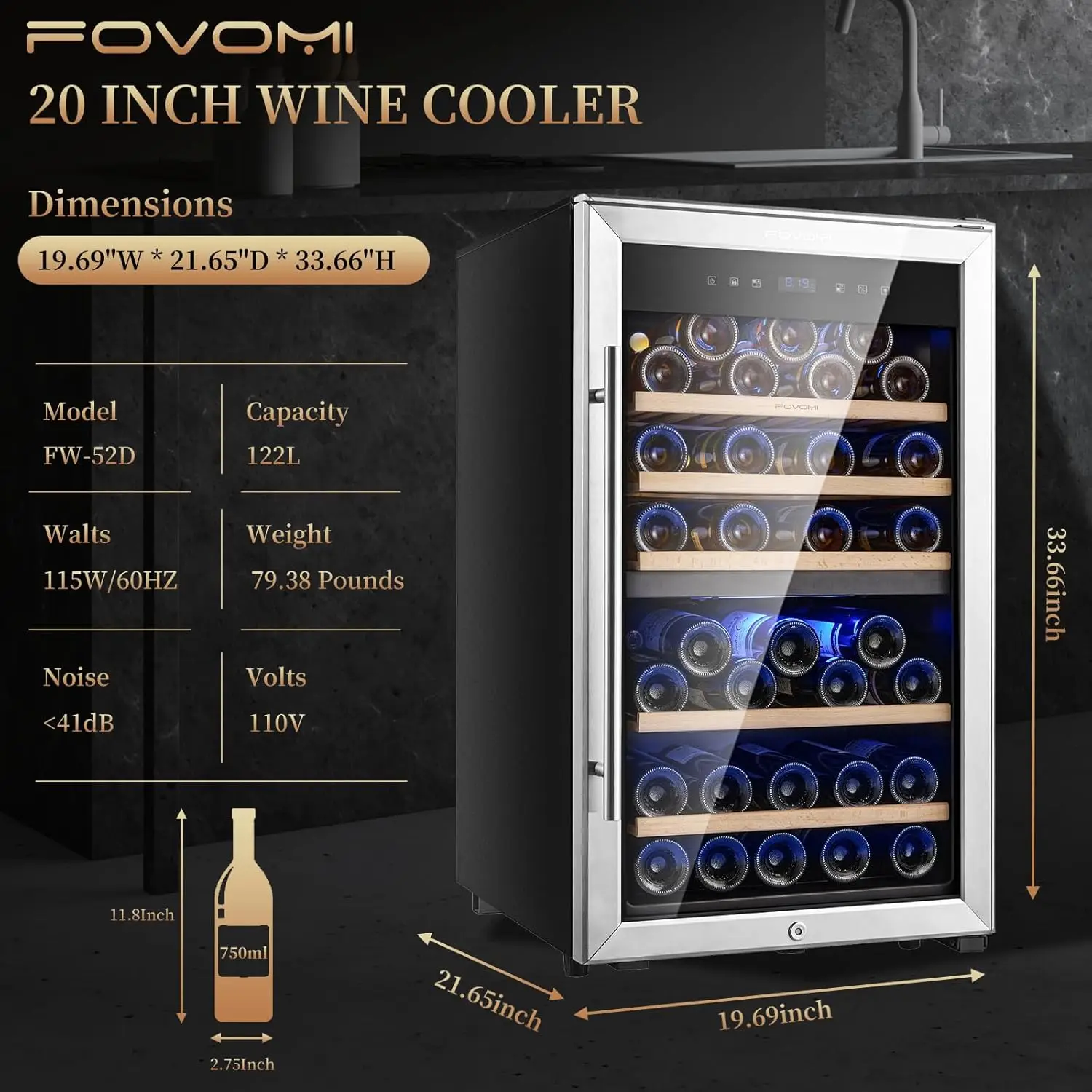 Wine Refrigerators,52-bottle WineFridge Freestanding WineCooler Refrigerator,(Bordeaux 750ml) Dual Zone Compressor Wine Cellar