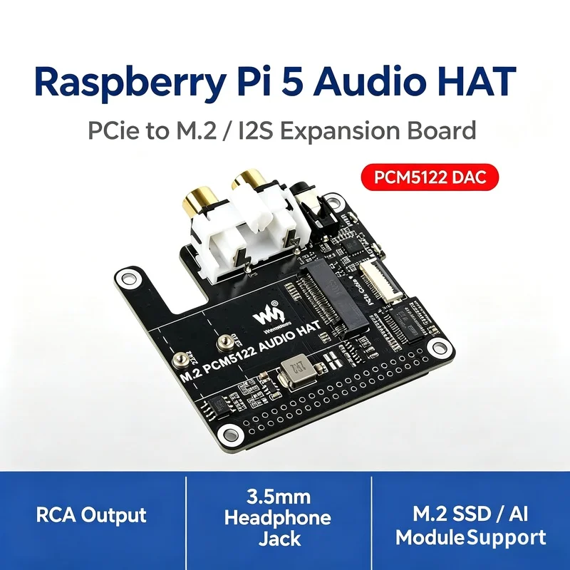 PCIe To.2 HAT With PCM5122 Audio I2S DAC HiFi Sound Card 384KHz 32Bit Stereo Decoder Board Driver-Raspberry Pi 5