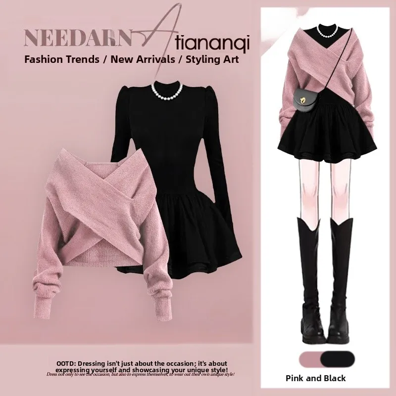 

Ele Spring Knitted Sweater And Slimming Dr Two-Piece Set for Women Irregular Design Korean Sle Long Sve Dr