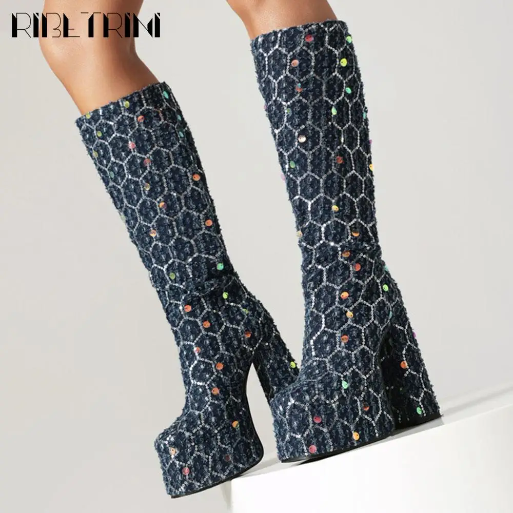 Glitter Bling Sexy Platfom Boots For Woman Denim Chunky High Heel Mid Cald Slip On Shoes Knee High Luxury Designer New Winter