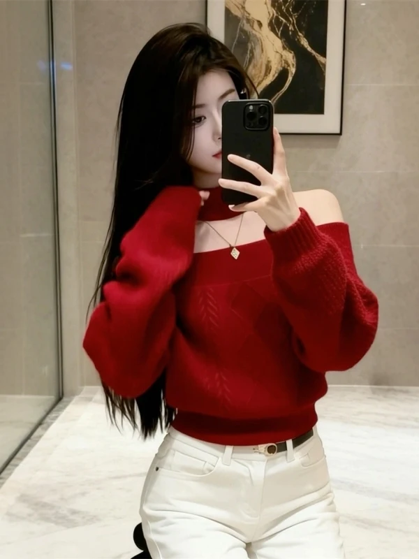 

Christmas Atmosphere Red One-Shoulder Hanging Neck Sweater Women's Autumn Winter Loose Lazy Thin Sexy Knitted Shirt Top