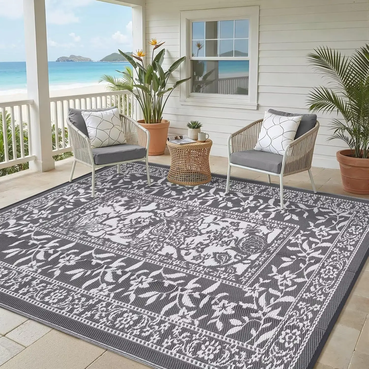 

Outdoor Rug 5x8, Waterproof Reversible Foldable Plastic Straw Rug, Botanical cottagecore Outdoor Rugs Patio Camping RV Carpet