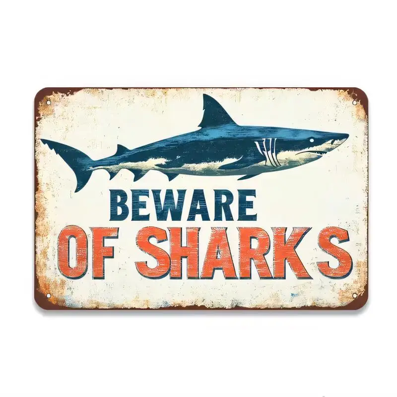 Distressed Vintage Beware of Sharks Metal Tin Sign - Shark Illustration, Blue/Red/White, Iron Wall Art, Retro Design, Perfect fo