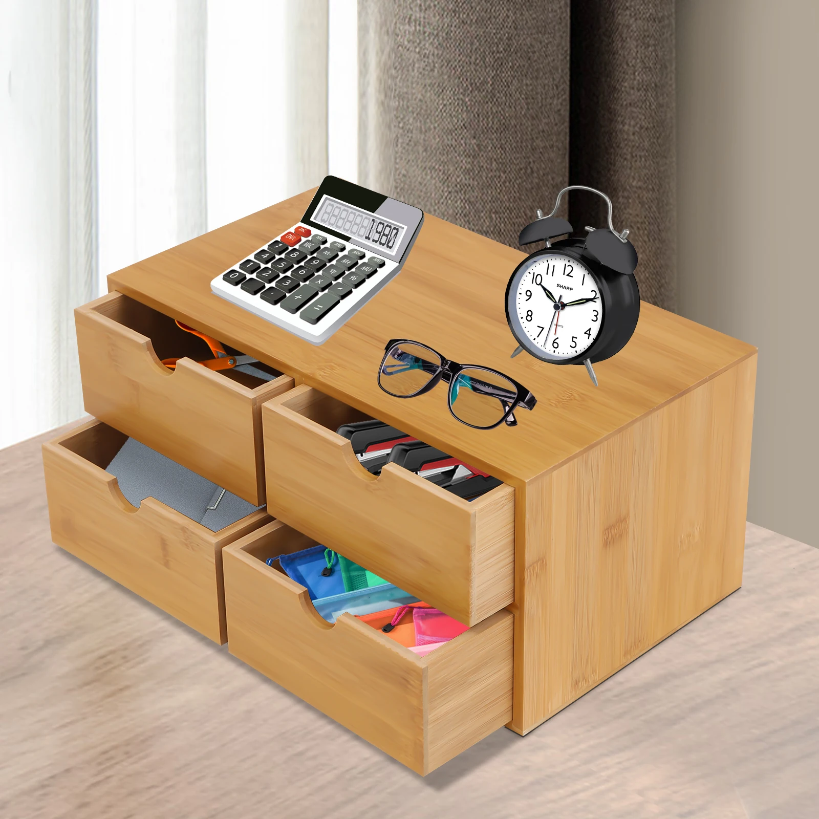 Original Bamboo Desk Organizer 4 Drawer Mini Storage Box for Office Home and Toiletries No Assembly Required