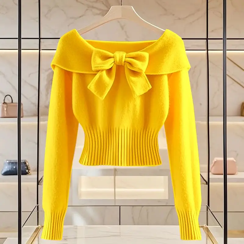 2024 Autumn Winter Pink Pullover Knitted Sweater Top For Women Fashion Long Sleeve Bow Thread Cinched Waist Slim Sweater Women