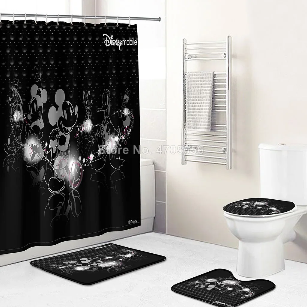 3D Mickey Mouse Print Bathroom Sets Cartoon Black Shower Curtain with 12 Hooks Pedestal Rug Lid Toilet Cover Bath Mat Set