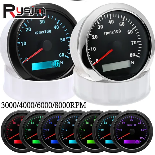 Tacómetro HD de 85mm con contador de horas LCD, tacómetro con retroiluminación de 7 colores, 3000, 4000, 6000, 7000, 8000 RPM para barco marino, coche, 12V/24V