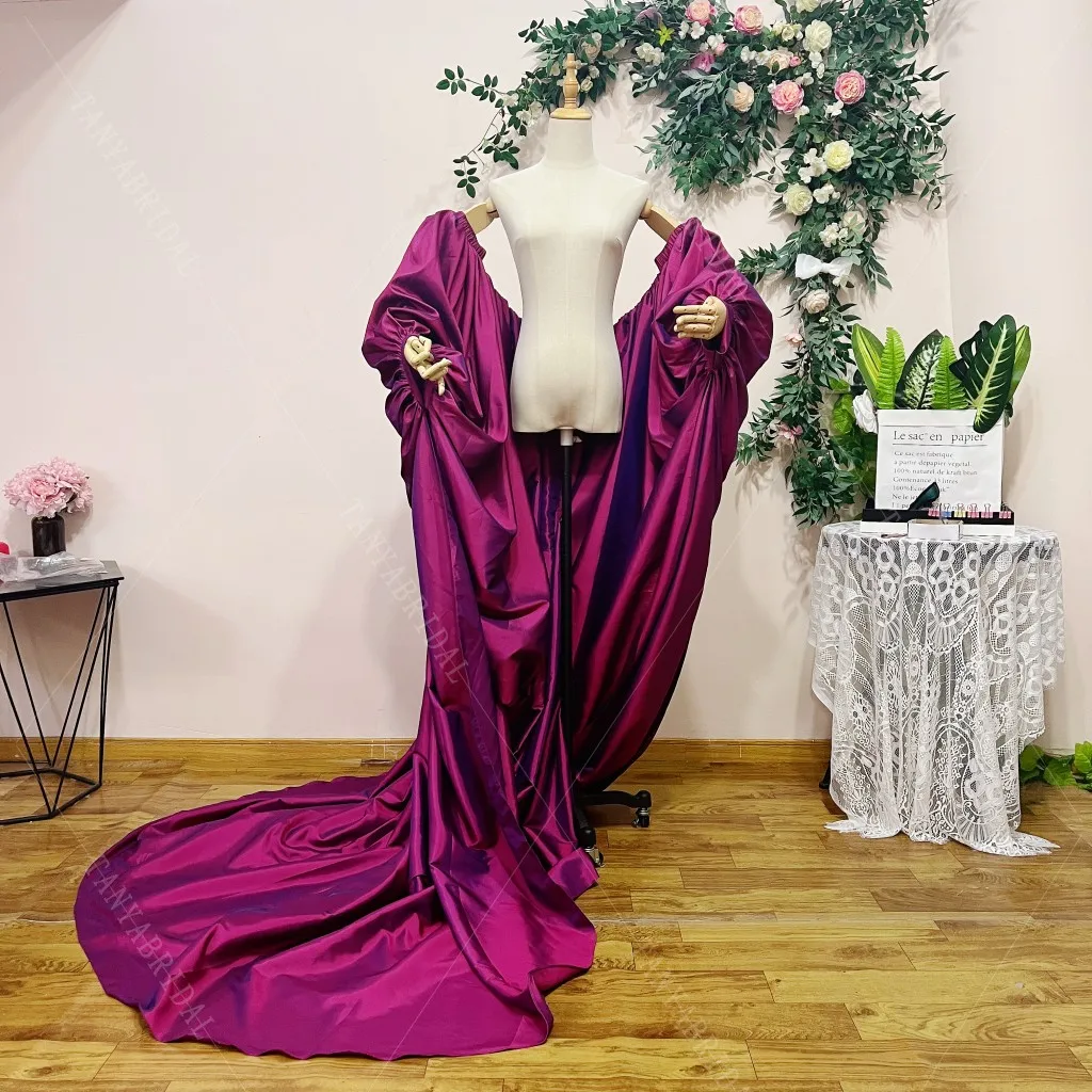 Plum Taffeta Evening Dress Cape Fashionable Full Sleeves Off Shoulder Ruched Long Jacket Bolero