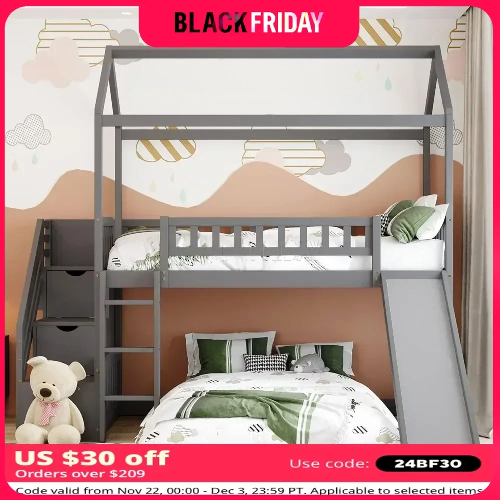 Camas de beliche com beliche duplo de madeira deslizante com escadas para crianças, beliche de casa com telhado para meninos ou meninas, camas Muebles De Dormitorio