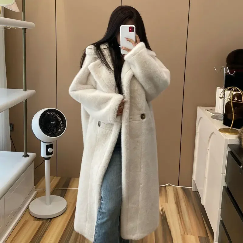 

Luxury Chic Women Longer Fur Coat Warm Long Sleeve Thick Fluffy Faux Fur Jacket Button Windproof Windbreaker Oversized Outerwear