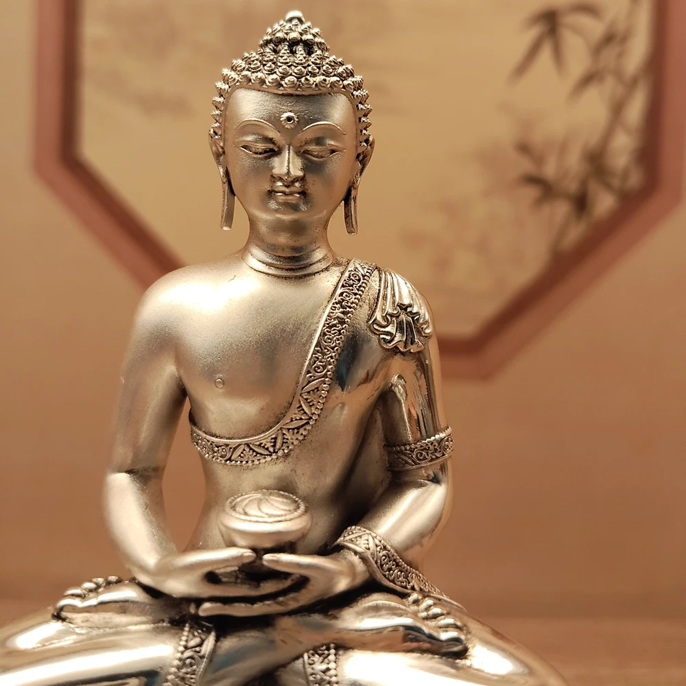 Nepal Craft White Copper Silver-Plated Three Buddhas Shakyamuni Amitabha Medicine Statues 10cm Home Car Blessing