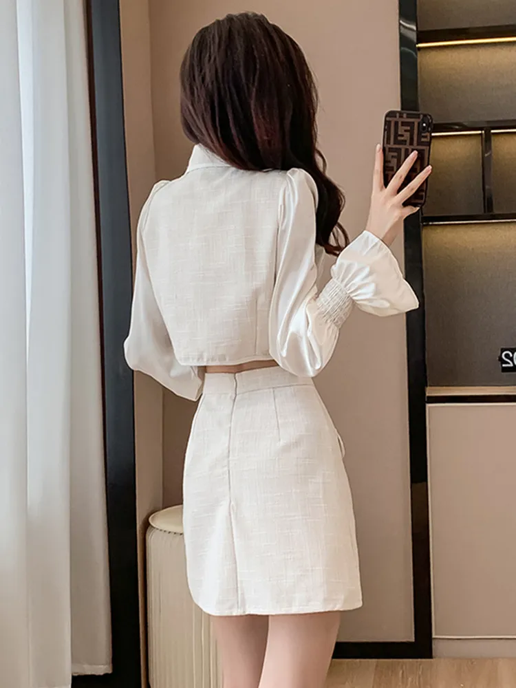 Fall New Two Piece Set Women Outfits Tweed Patchwork Flare sleeve Satin Shirt and Woolen A-line Skirt Suits ensembles de jupes