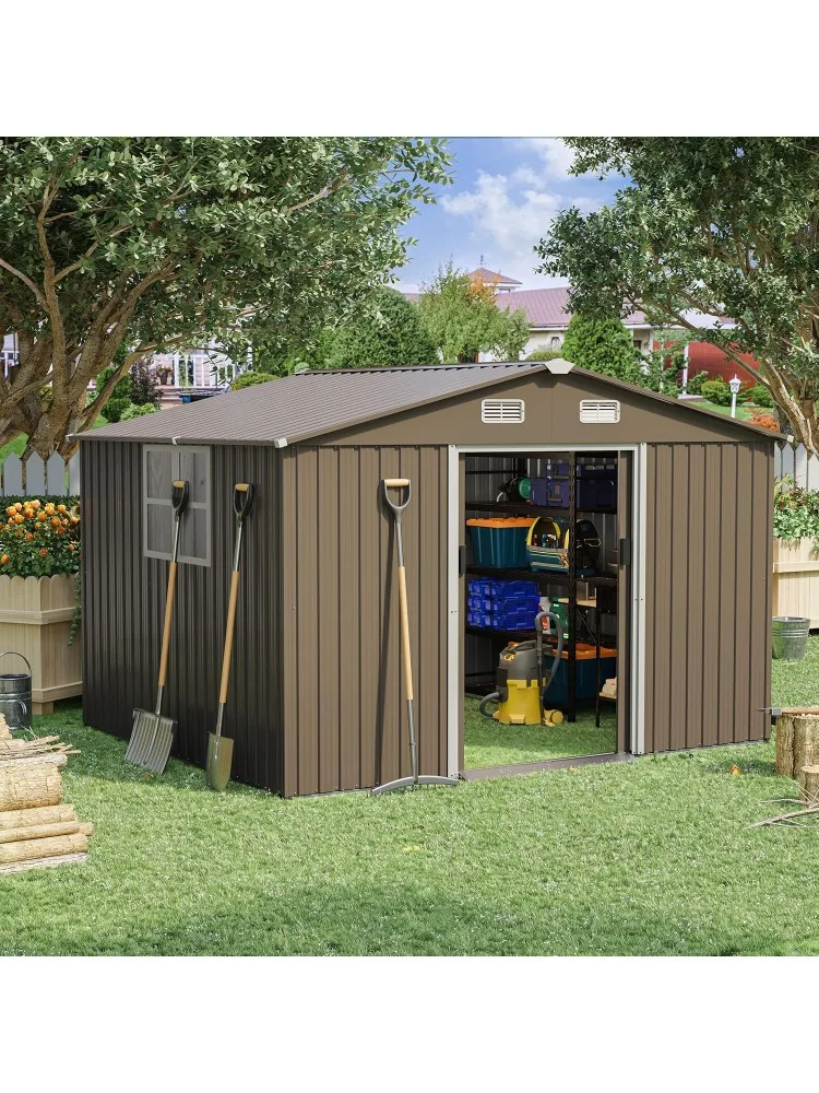 

Наружный сарай для хранения вещей 10 футов x 8 футов, водонепроницаемый, запираемый дверной металлический сарай для инструментов с раздвижной дверью и вентиляционными отверстиями, дом для хранения для Ga