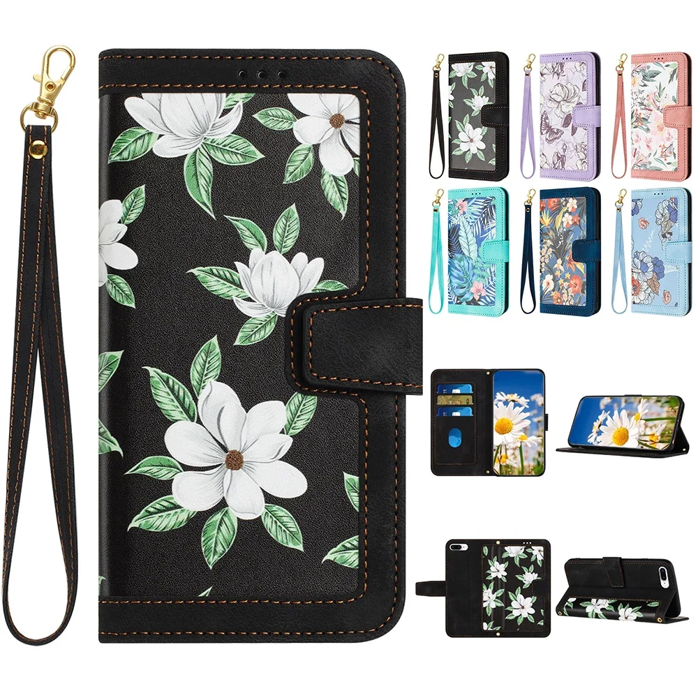 PU Leather Flip Wallet Case for Samsung Galaxy S25 S24 S23 Ultra S22 Plus S21 FE M13 M23 A55 Beautiful Flowers Wrist Strap Cover