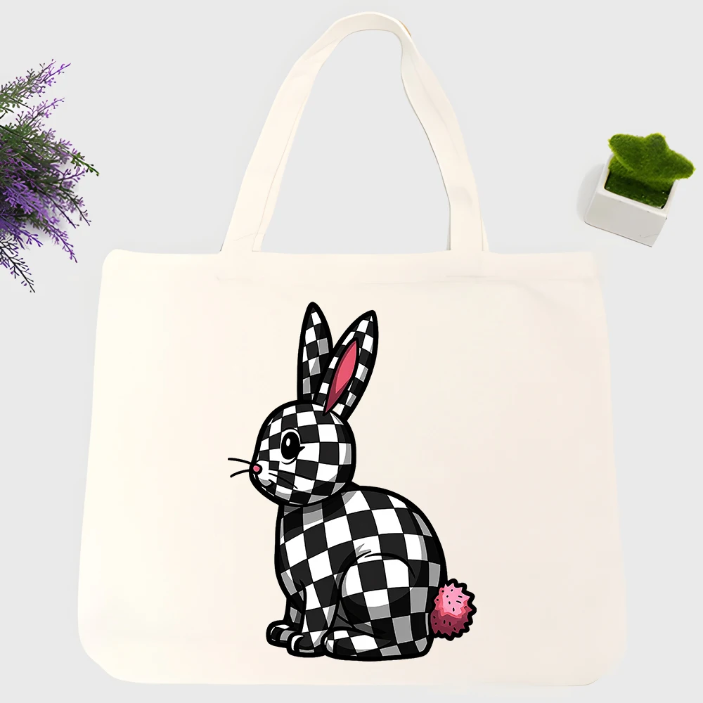 Women's black and white checkered rabbit print canvas tote bag, casual style for daily shopping and outings