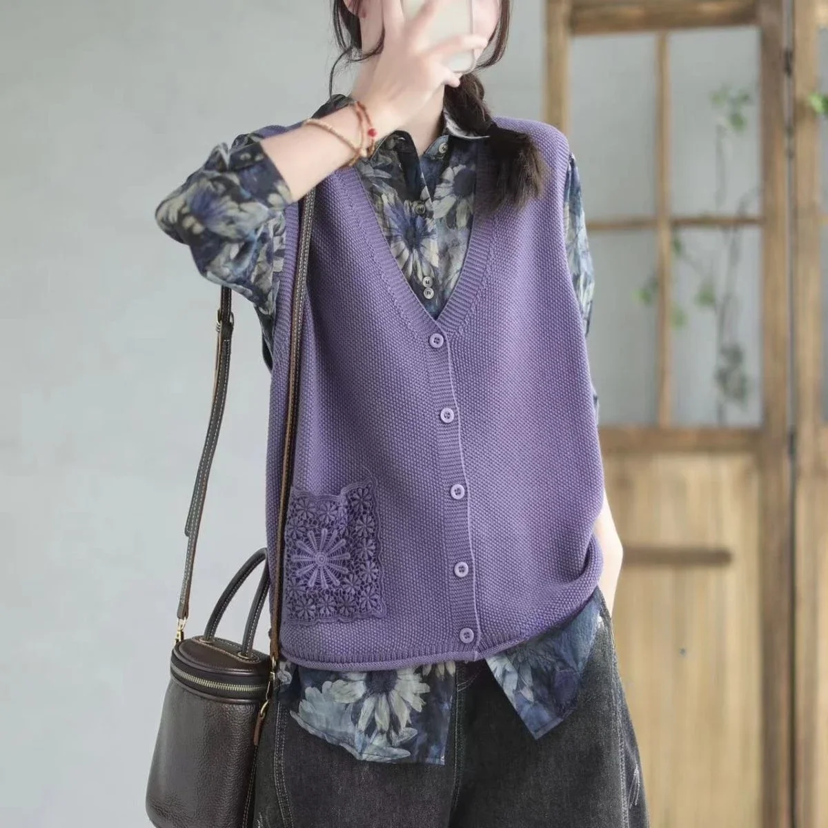 Purple Graphic Winter Button Knitted Top For Women Vest V-neck Yellow Ladies Sweaters Trend 2024 Designer Elegant Hot Offers