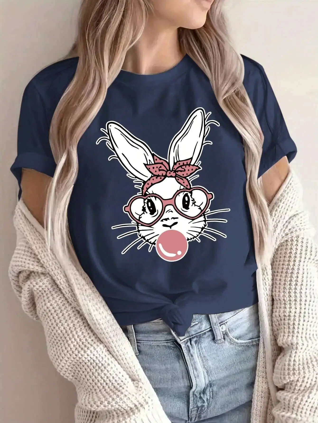 Fashion Pink Rabbit Blowing Bubble Women T Shirt Cotton Casual Short Sleeve Oversized Soft Top Street Oversize Tshirt Female