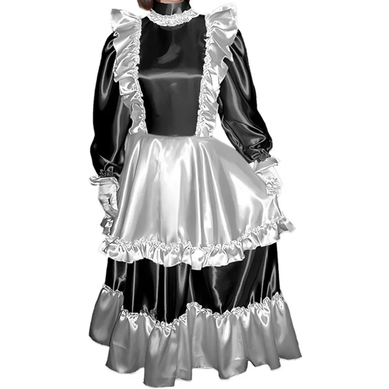 French Sexy Adult Customized fetishist Crossdressing Sissy Long Sleeve Satin Mid Neck White Pleated Ball Role Playing Dress