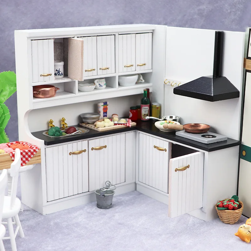 

White Kitchen Scene 2-Piece Set Dollhouse Furniture Toy for Children And Adults Wooden Model Proportional :2
