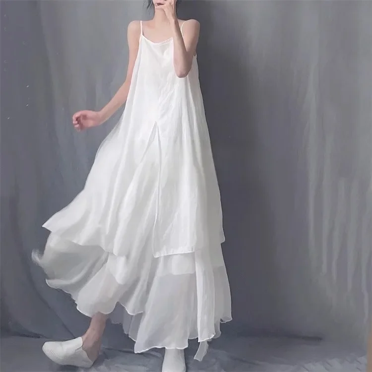 2024 Cotton Linen Women's Summer New Dress Artistic Range Medium Long Dress Sleeveless Tank Irregular Large Flounce