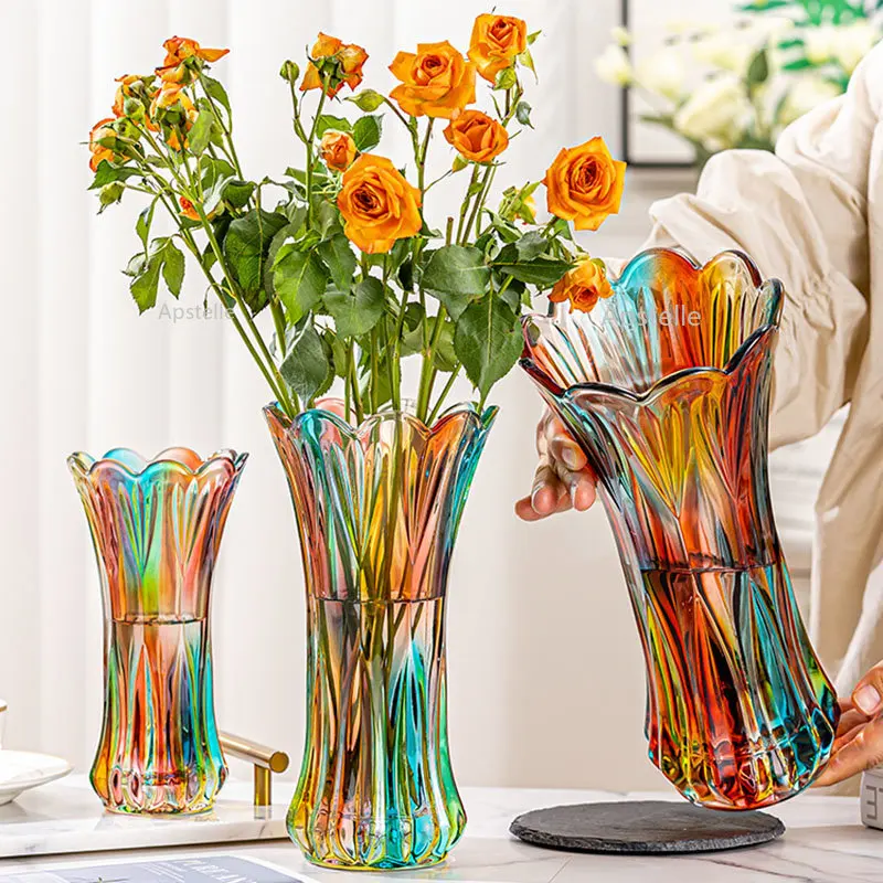 

High-quality Nordic Colorful Glass Vase Decoration Living Room Large Flower Arrangement Rose Lily Flowers Transparent Vases