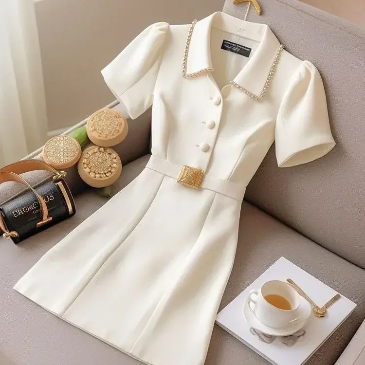 

Women's Summer Polo Collar Dress with Diamonds, Elegant Short Sleeve Office A-line Skirt