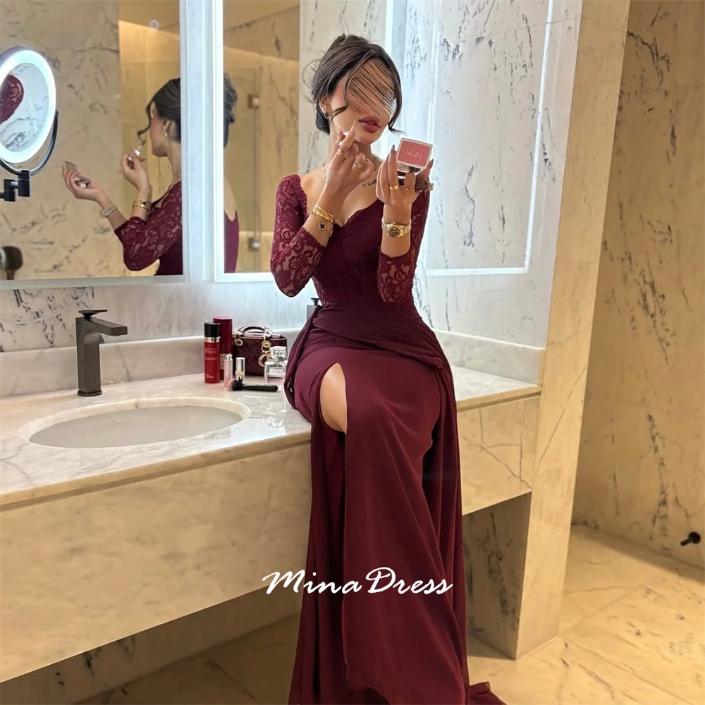 미나 맞춤 레이스 사이드 슬릿 버건디 고급스러운 스퀘어 넥 스커트 이브닝 드레스 럭셔리 우아한 파티 드레스 여성 프롬 2025