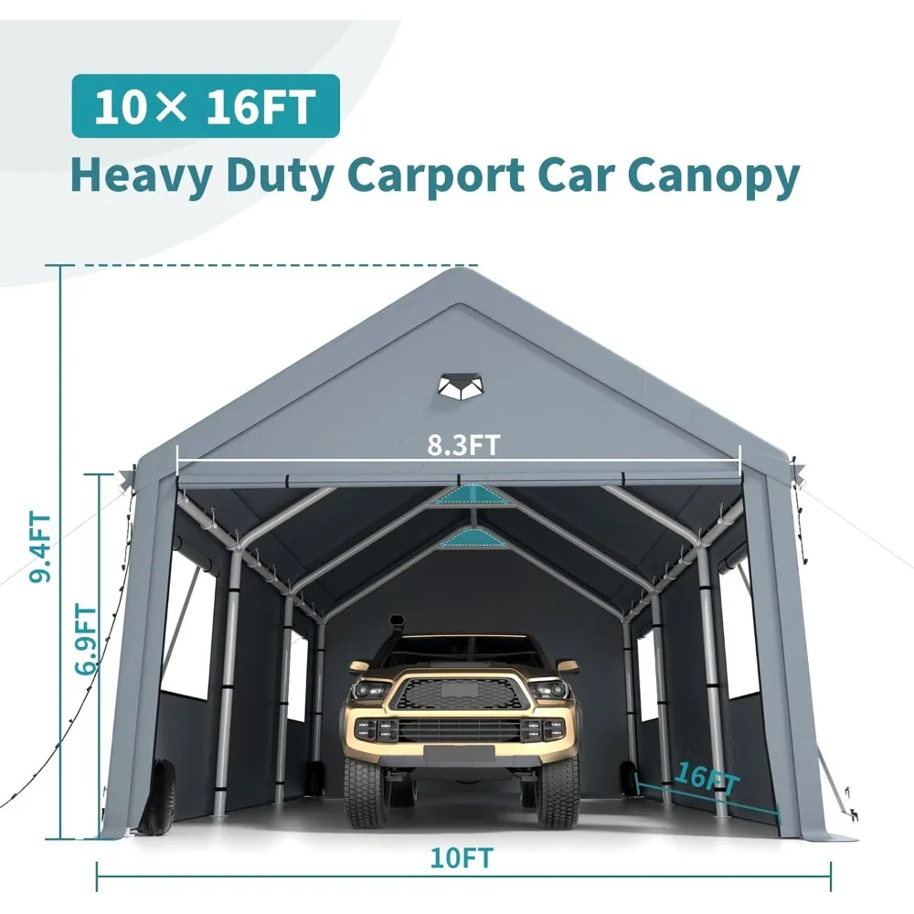 10x16FT Carport Canopy with Roll-up Windows & All-Season Tarp Cover，Removable Roof & Side Walls for Car，Boats&Truck，Tent Garage