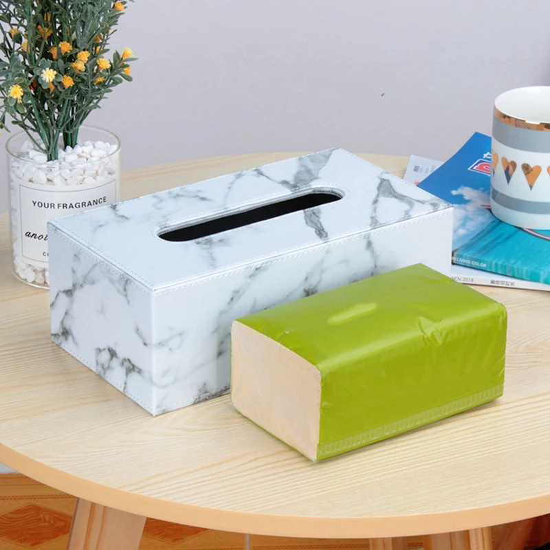 2X Rectangular Marble PU Leather Facial Tissue Box Cover Napkin Holder Paper Towel Dispenser Container