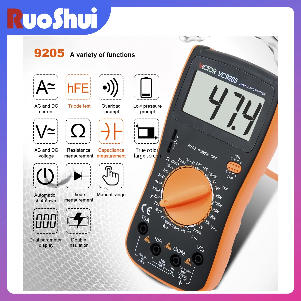 Victr  VC9205 High Quality1999 Counts True RMS Digital Multimeter With Anti High Voltage Circuit Design Continuity AC DC Tester
