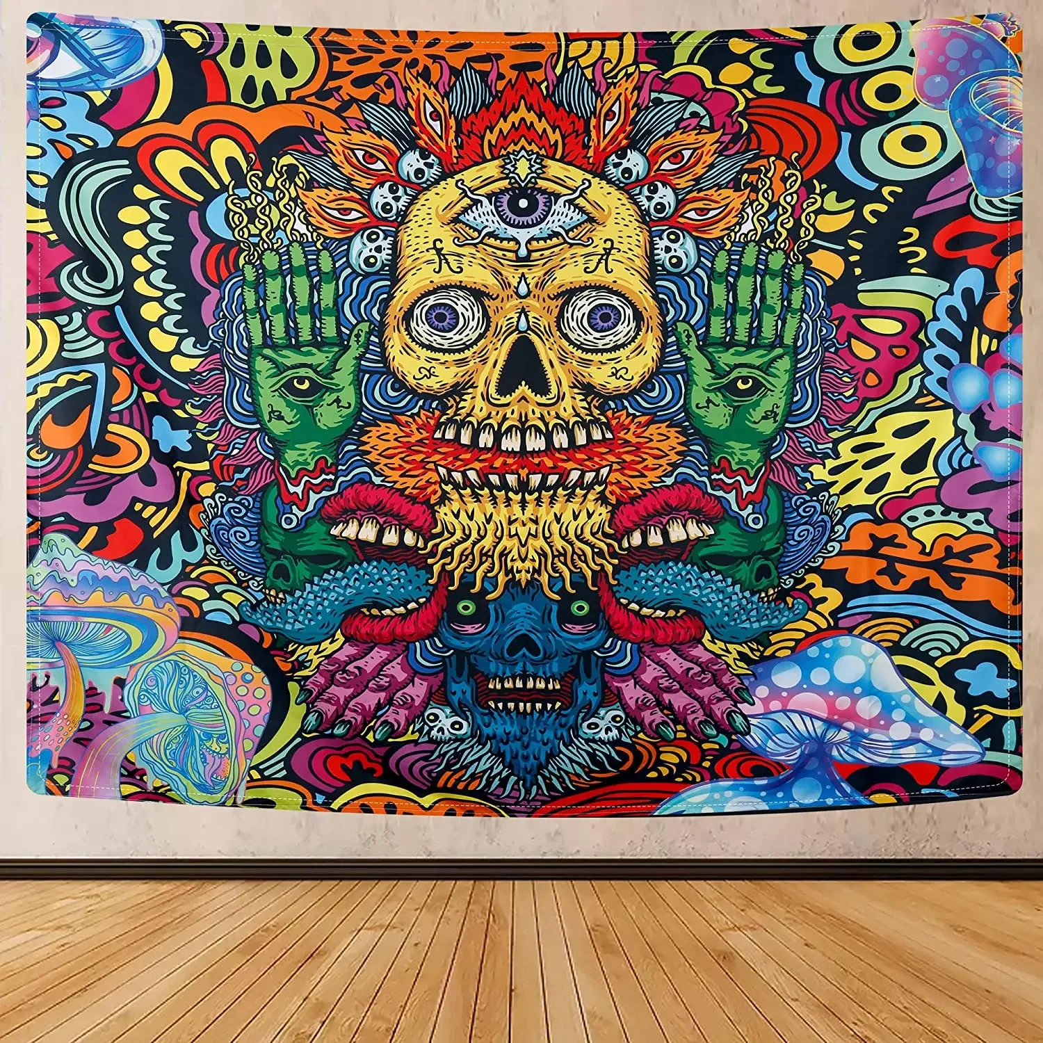 Trippy Skull Tapestry Mushroom  horror Monster And Evil Eyes Tapestry Satanic Wall Hanging For Room