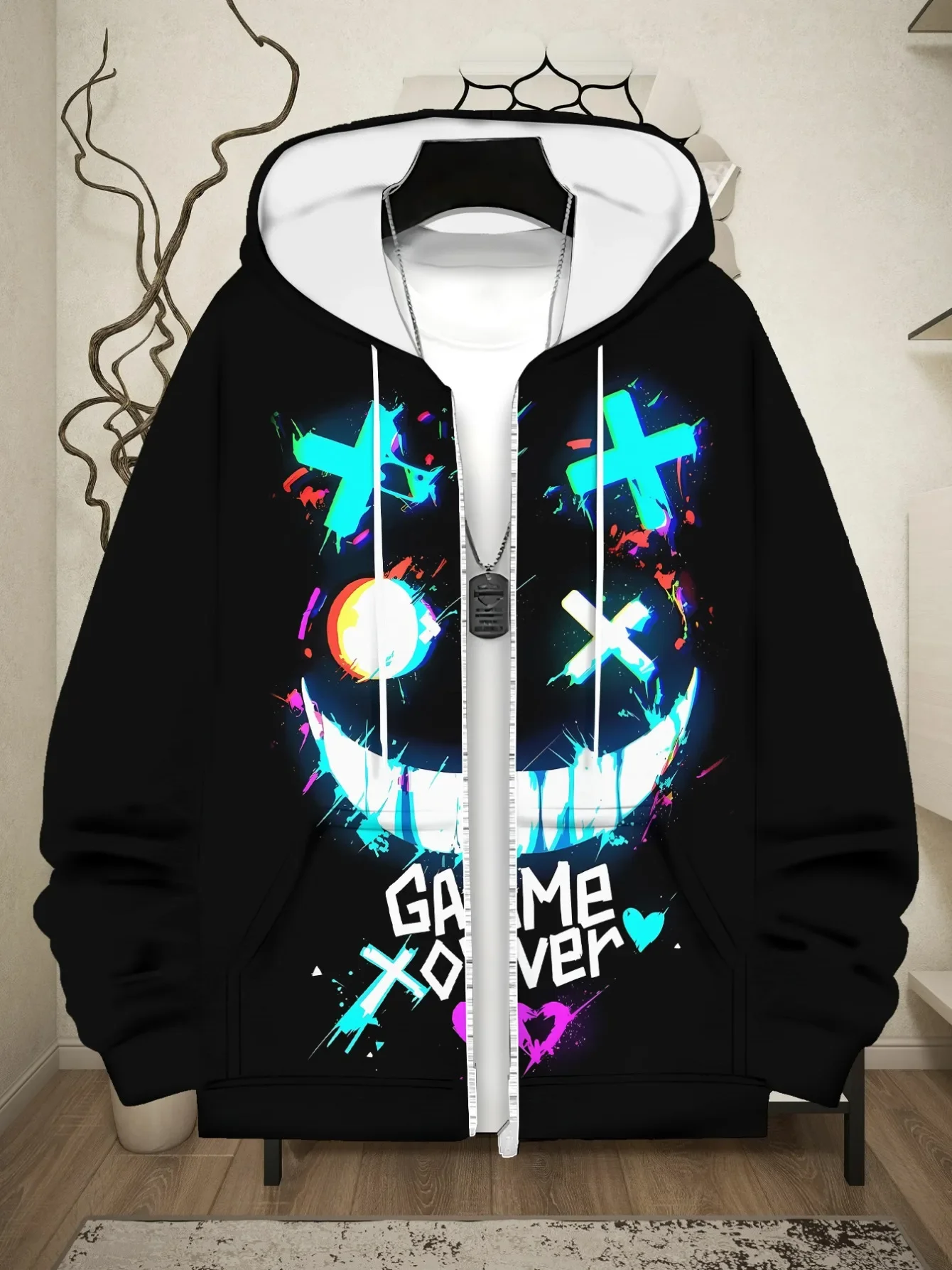 Neon Paint Splash Evil Smiley X Eyes GAME OVER Heart All Over Print Mens Zip Hoodie Soft Polyester Loose Light Outer Coat