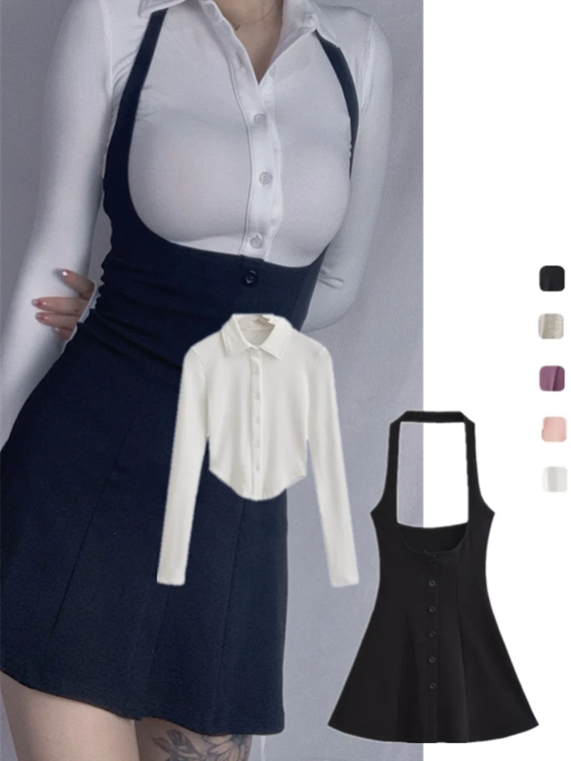 

Spicy Girl orm Комплект из двух предметов Long Sve Button-Up irt Ne Hanging Heart Ba Ремешок A-Line Dr U-образный Hemline