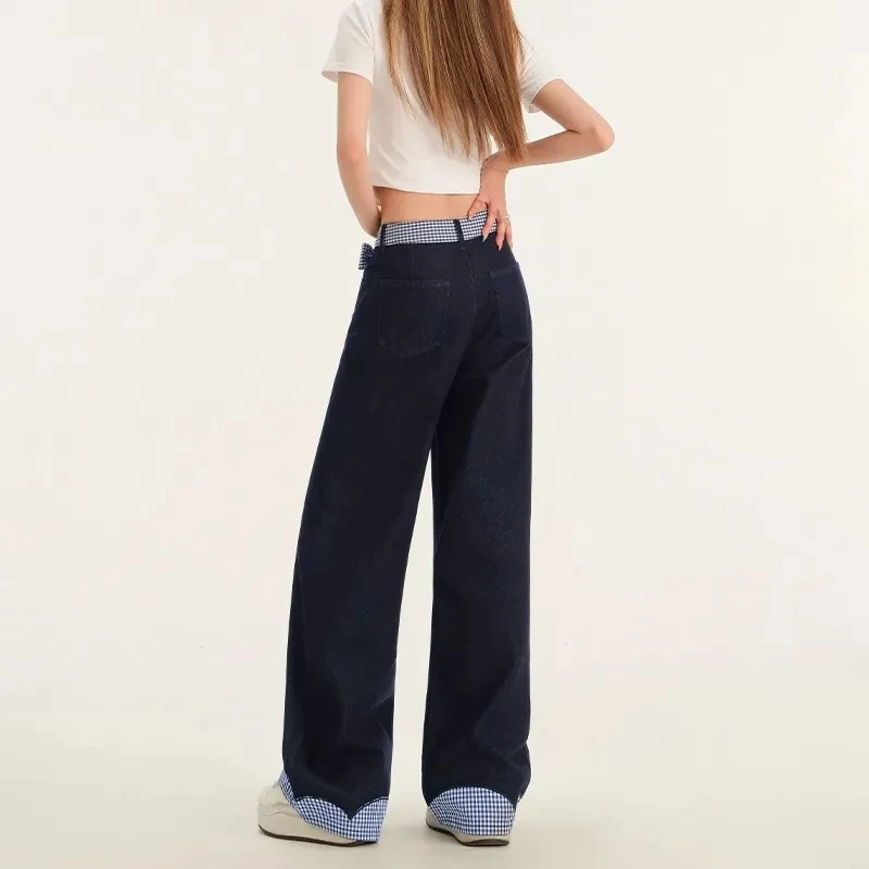 Y2K Women's Bow-Tie Belt Plaid Patchwork Jeans Loose Fit Wide Leg Winter Slimming Straight Casual Fashion Pants