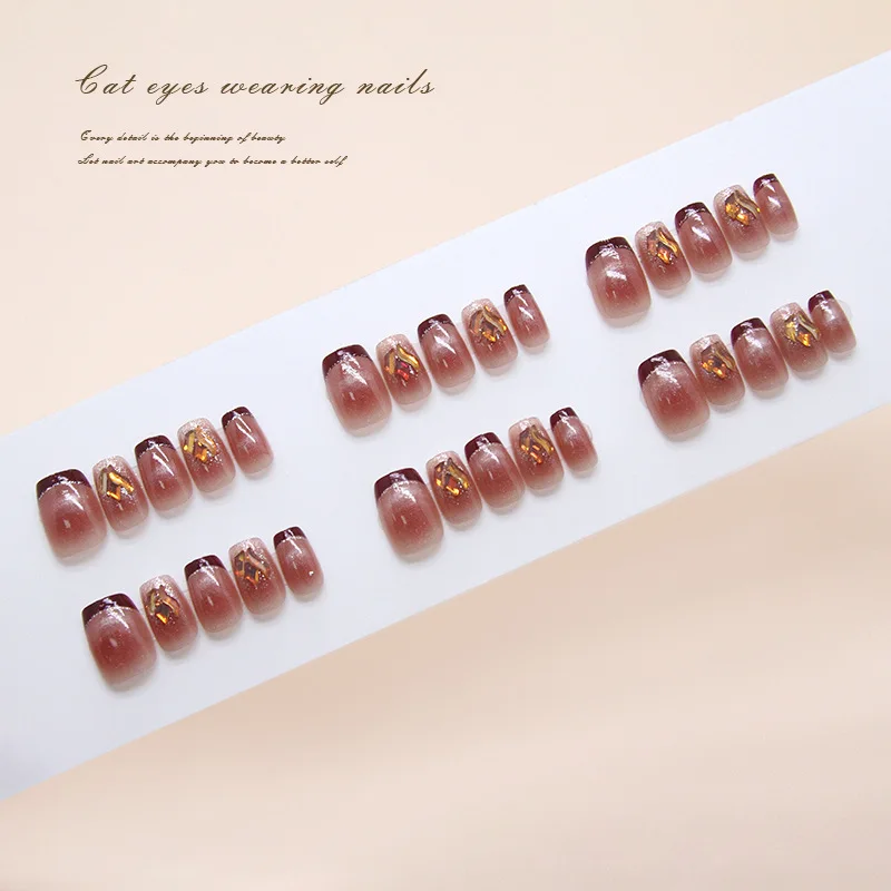 

24 Pcs Deep Red Summer Nail Tips French Press on Nails Rhinestone Simple Fake Nails with Design Spring Summer sticky Nails 2025