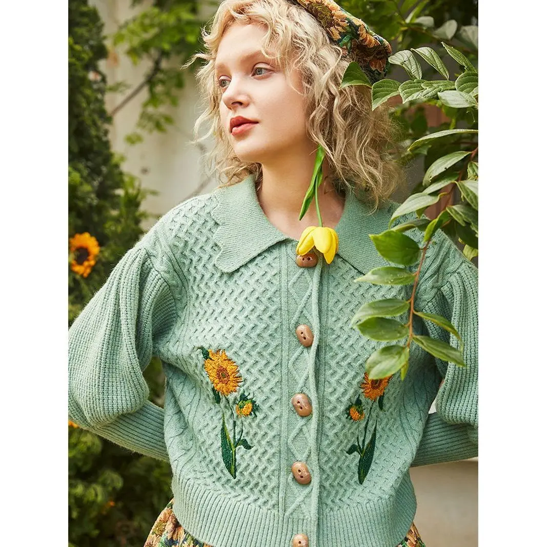 Women Autumn Winter Retro Sunflowers Embroidery Knitted Cardigan Twist Crocheted Sweater Coat Lantern Sleeve Knitwear Tops+Skirt