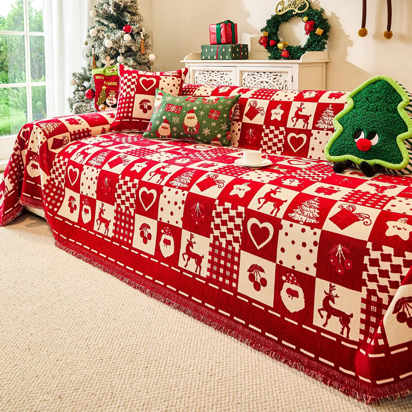 Christmas One-Piece Sofa Cover Towel Chenille Red Plaid Universal Sofa Covers Festive Complete Blanket Sofa Cover Fabric