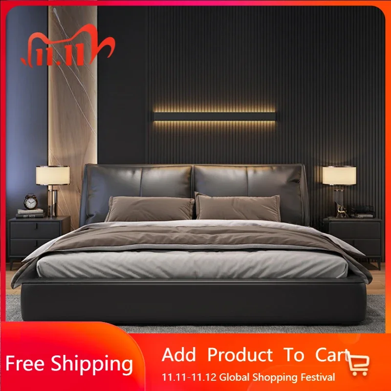 

Винтажная современная простая двуспальная кровать с каркасом дома, черная вилла, кожаная кровать для взрослых, эргономичная женская итальянская роскошная уникальная мебель