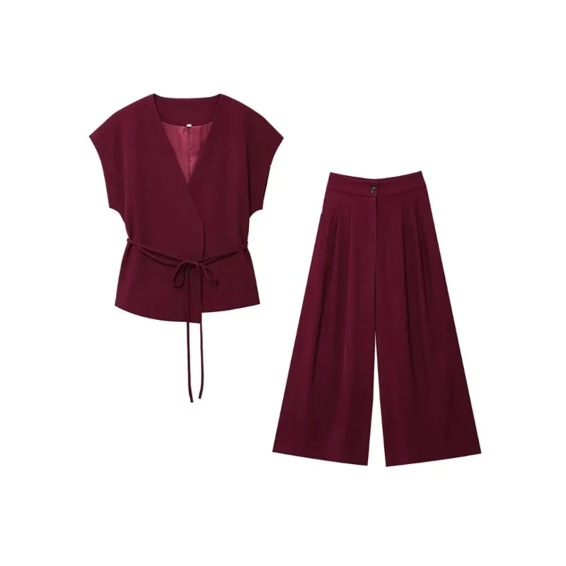 Moda feminina calças ternos sem mangas com decote em v superior com cinto calças retas define 2026 primavera verão commuter 2 peça conjunto