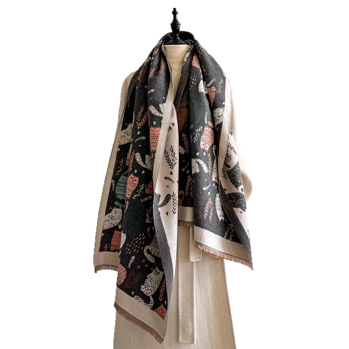 New Luxury Winter Thick Warm Abstract Cat Scarf Women Cashmere Shawl And Wraps Pashmina Neckerchief Bufanda Female Echarpe 2025