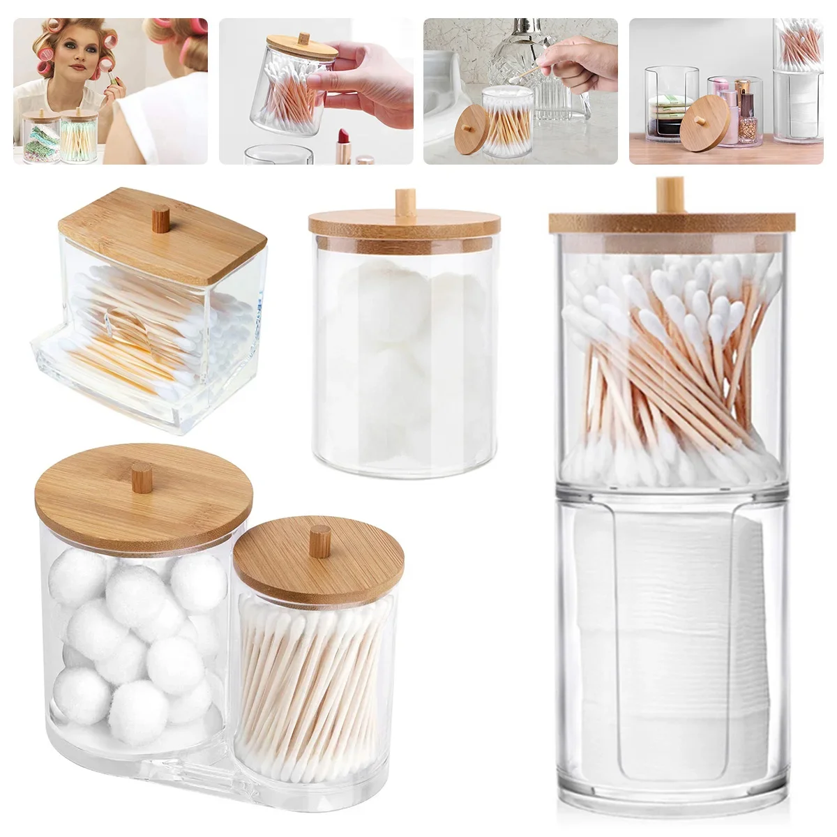 Acryl-Aufbewahrungsbox für Badezimmer, Qtips-Behälter, Gläser, Spender mit Bambusdeckel, transparenter Make-up-Organizer, Aufbewahrungshalter für Wattestäbchen