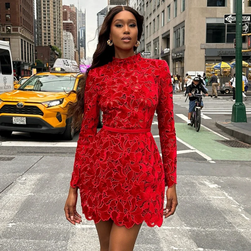 

French-Style Stand-Collar Flocked Lace Dress Waist-Cinching Slimming Petal Hem Short Skirt