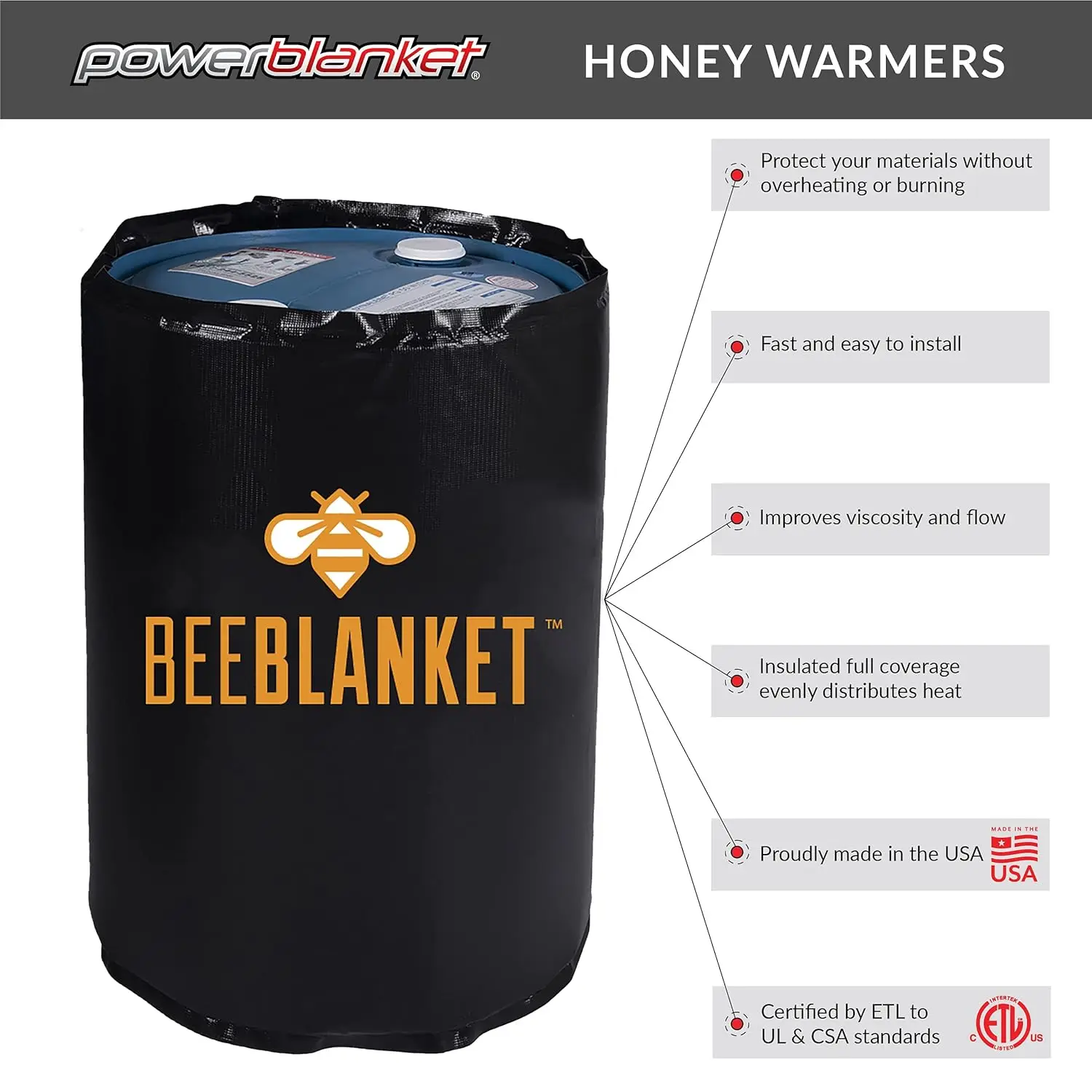 Powerblanket BB55 Bee Blanket 55 gal Drum Heater, Honey with Fixed TSTAT, 800W, 120V