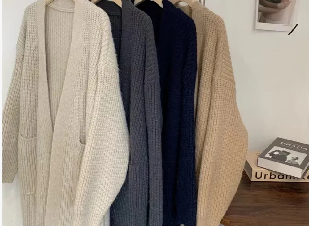 

Women Solid Color Loose Thick Warm Sweater Cardigan Pocket Ladies Spring Autumn V Neck Knitted Coat Female Casual Tops
