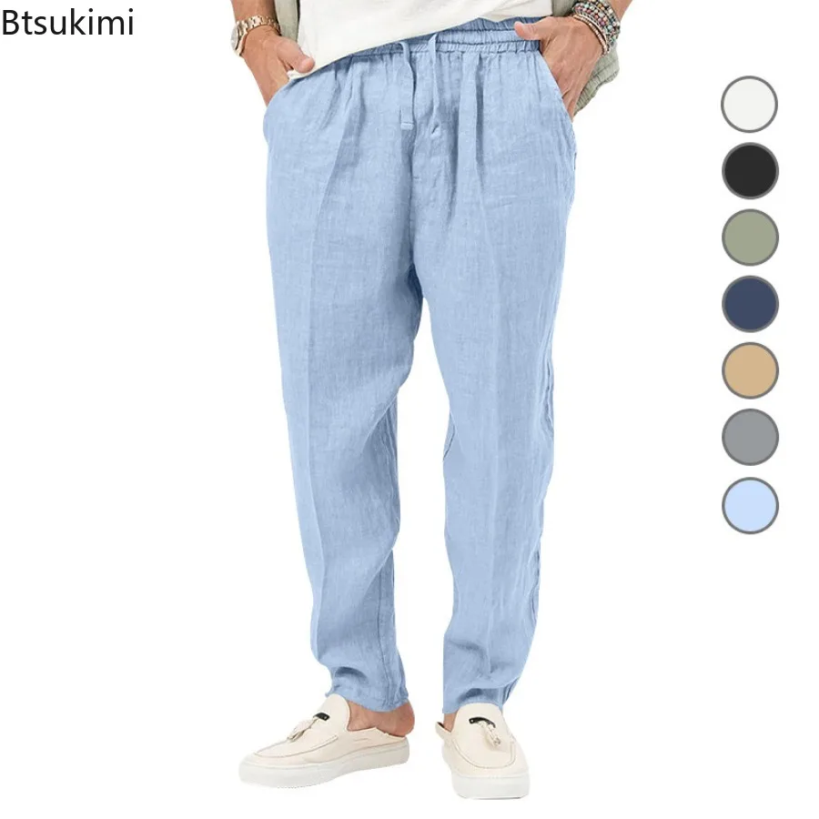 Summer New Cotton Linen Thin Pants Men's Breathable Loose Casual Trouser Fashion Solid Drawstring Simple All-match Pants for Men