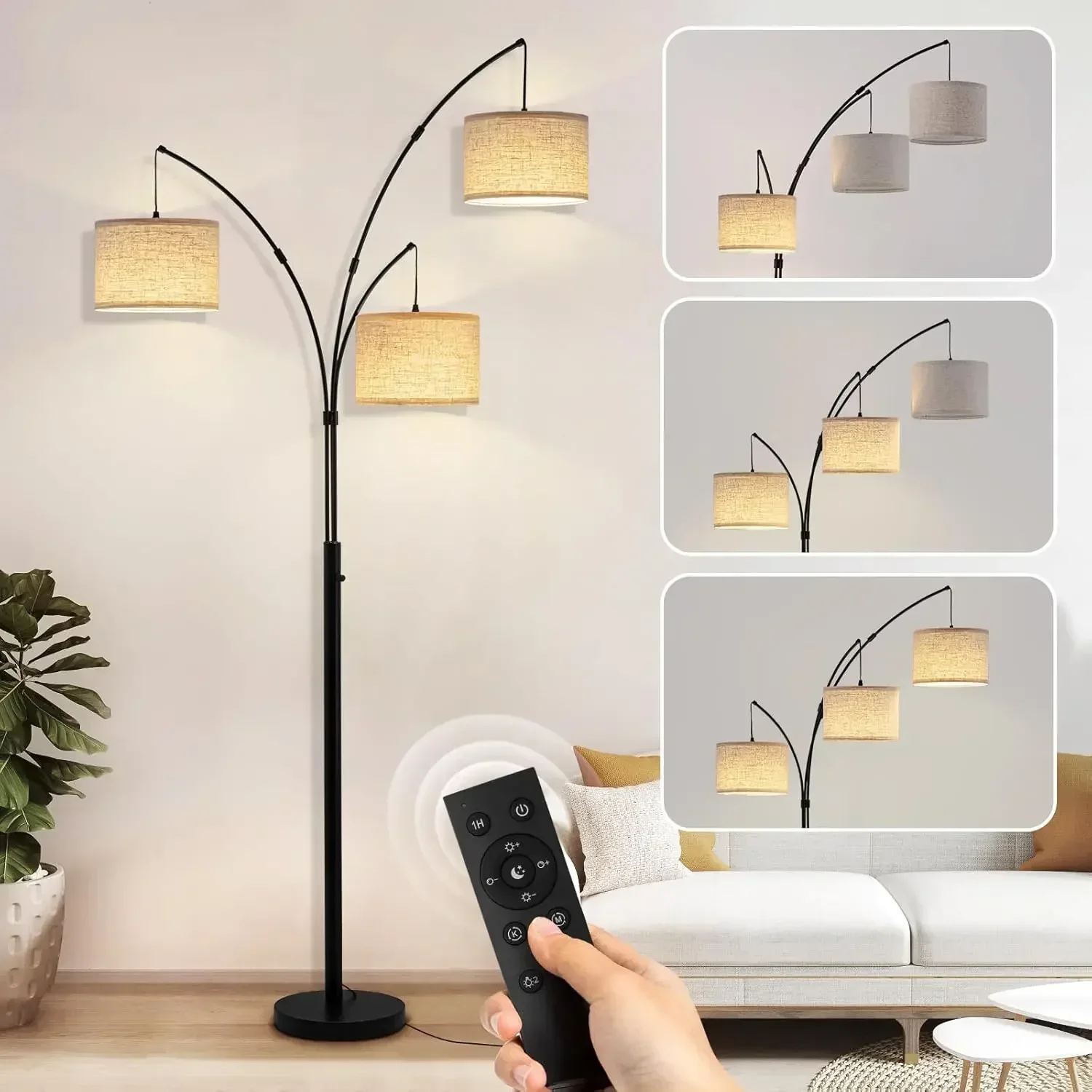 Arc Floor Lamp, 3 Light Floor Lamp with Remote, 2400LM Super Bright Tall Standing Lamp with 3 Color Temps & Dimmable, 80